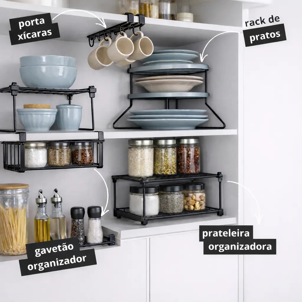 Kit com 5 Organizadores Cozinha- Cor Preto