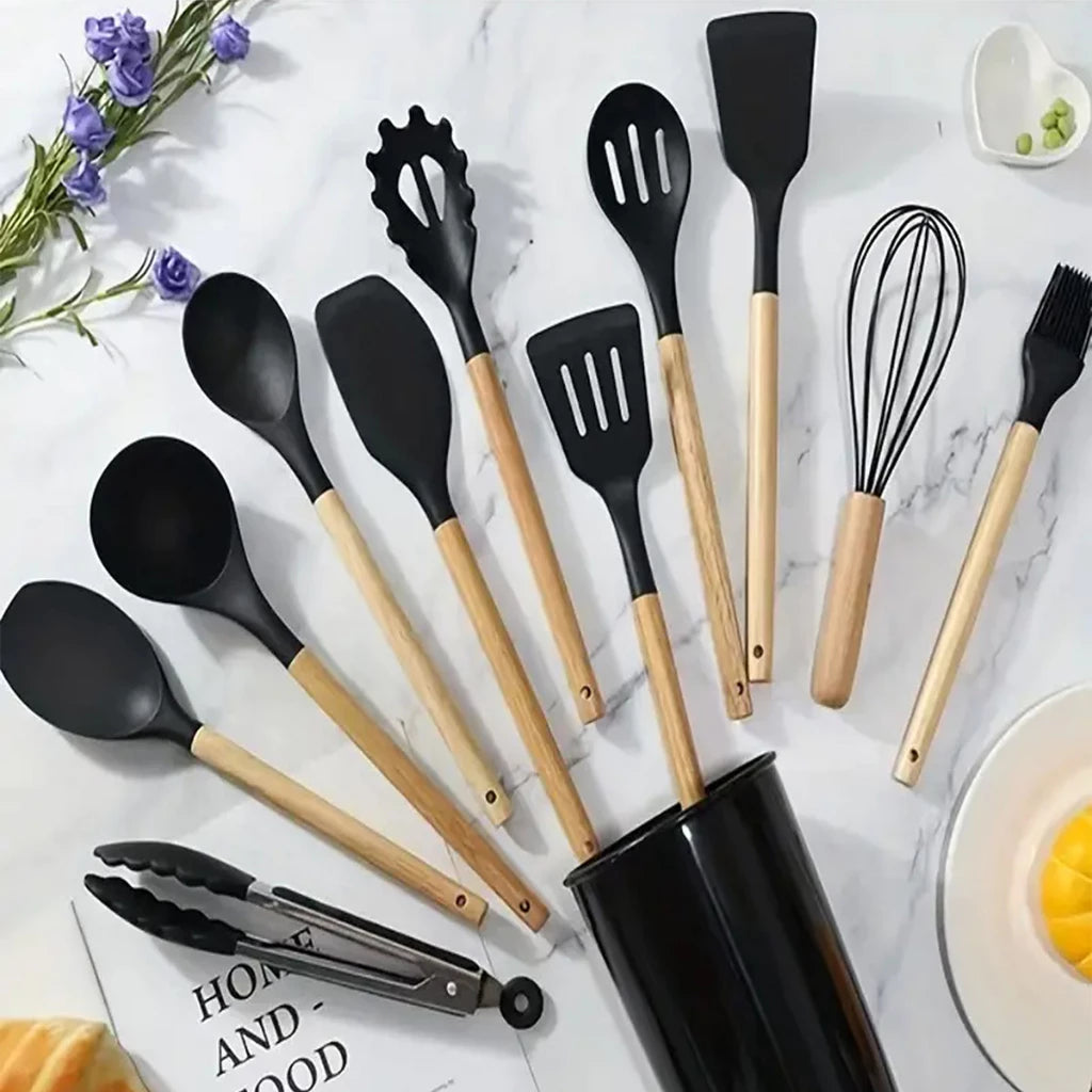 Kit Cozinha 12 Peças Antiaderente – Silicone e Madeira