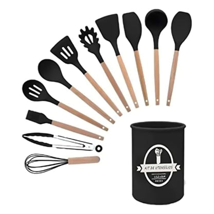 Kit Cozinha 12 Peças Antiaderente – Silicone e Madeira