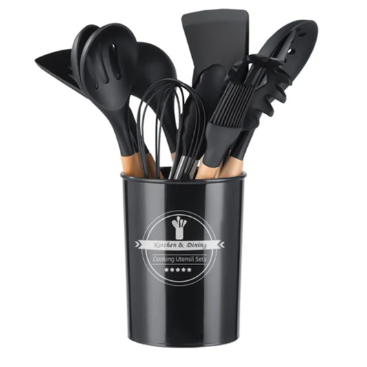 Kit Cozinha 12 Peças Antiaderente – Silicone e Madeira