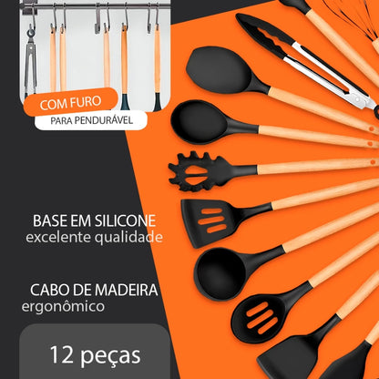 Kit Cozinha 12 Peças Antiaderente – Silicone e Madeira