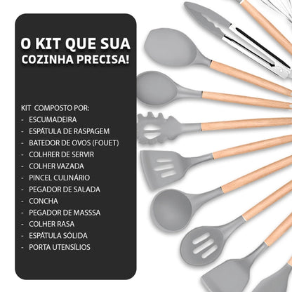 Kit Cozinha 12 Peças Antiaderente – Silicone e Madeira