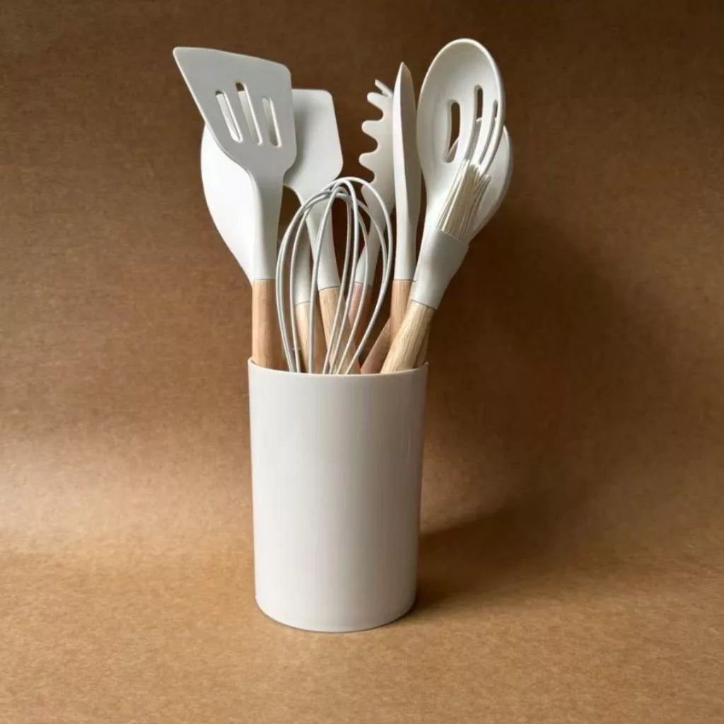 Kit Cozinha 12 Peças Antiaderente – Silicone e Madeira