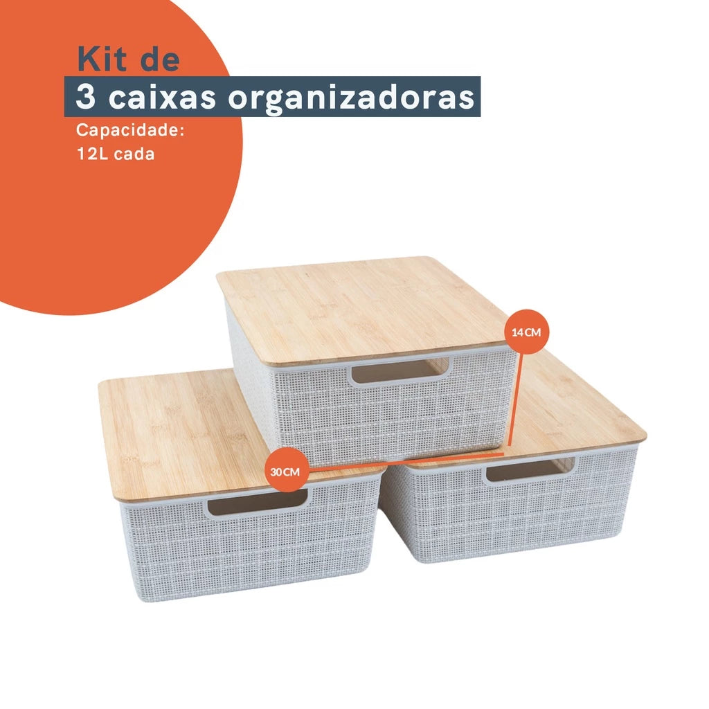 Kit com 3 Organizadores Tampa de Bambu - Cor Branca