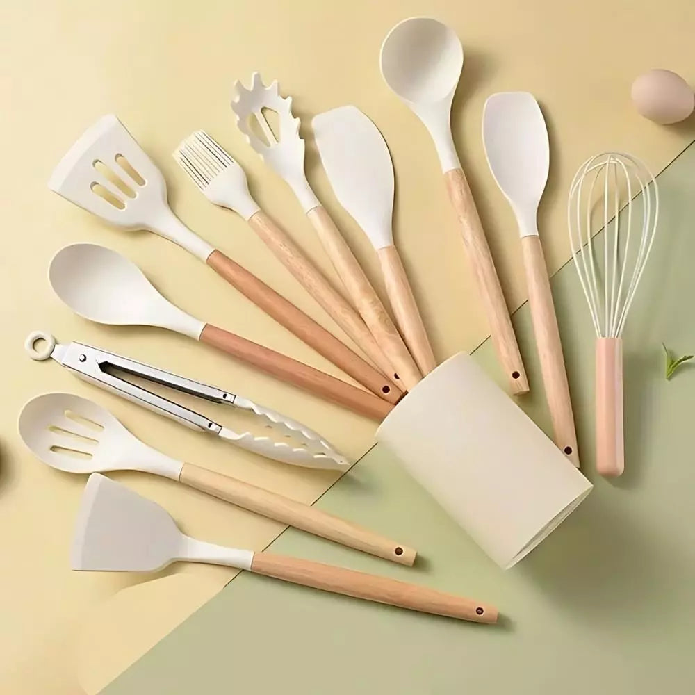 Kit Cozinha 12 Peças Antiaderente – Silicone e Madeira