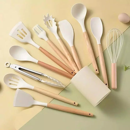 Kit Cozinha 12 Peças Antiaderente – Silicone e Madeira