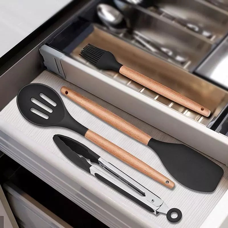 Kit Cozinha 12 Peças Antiaderente – Silicone e Madeira