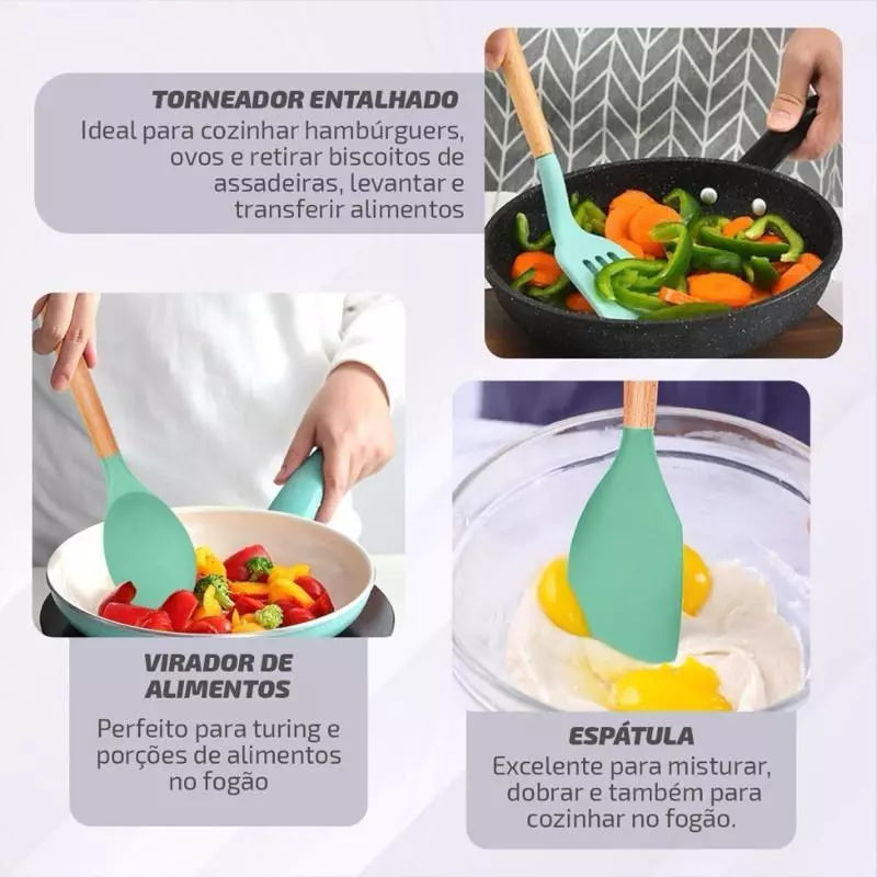 Kit Cozinha 12 Peças Antiaderente – Silicone e Madeira